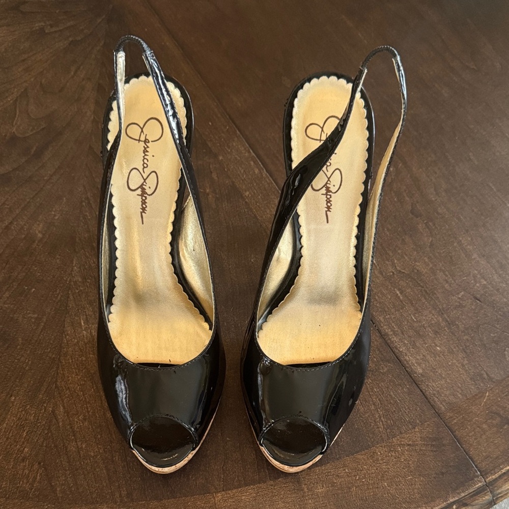 Jessica Simpson Black Patent Peep Toe Slingback Heels